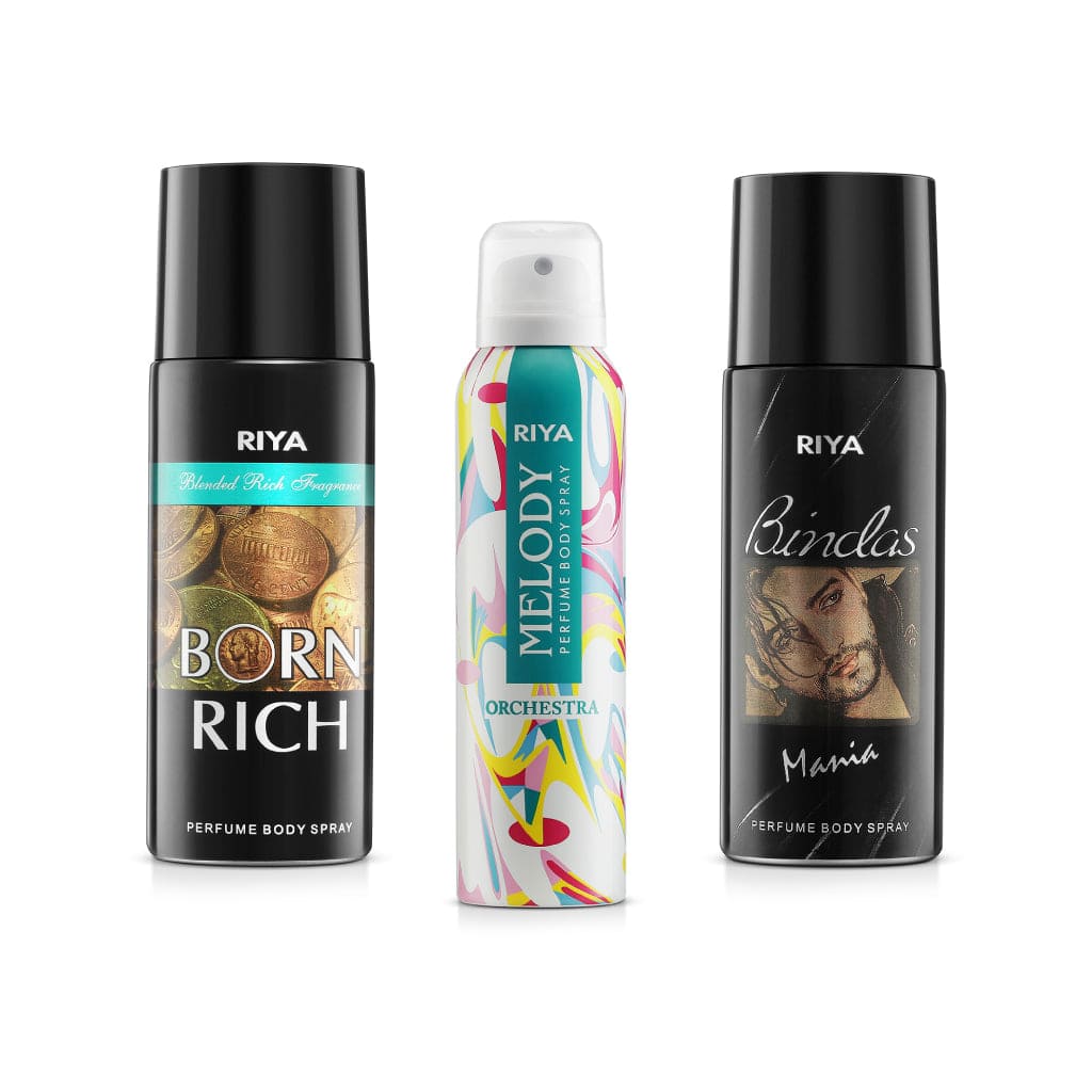 Riya Born Rich And Melody Orchestra And Bindas Body Spray Deodorant For Unisex Pack Of 3 150 Ml Each