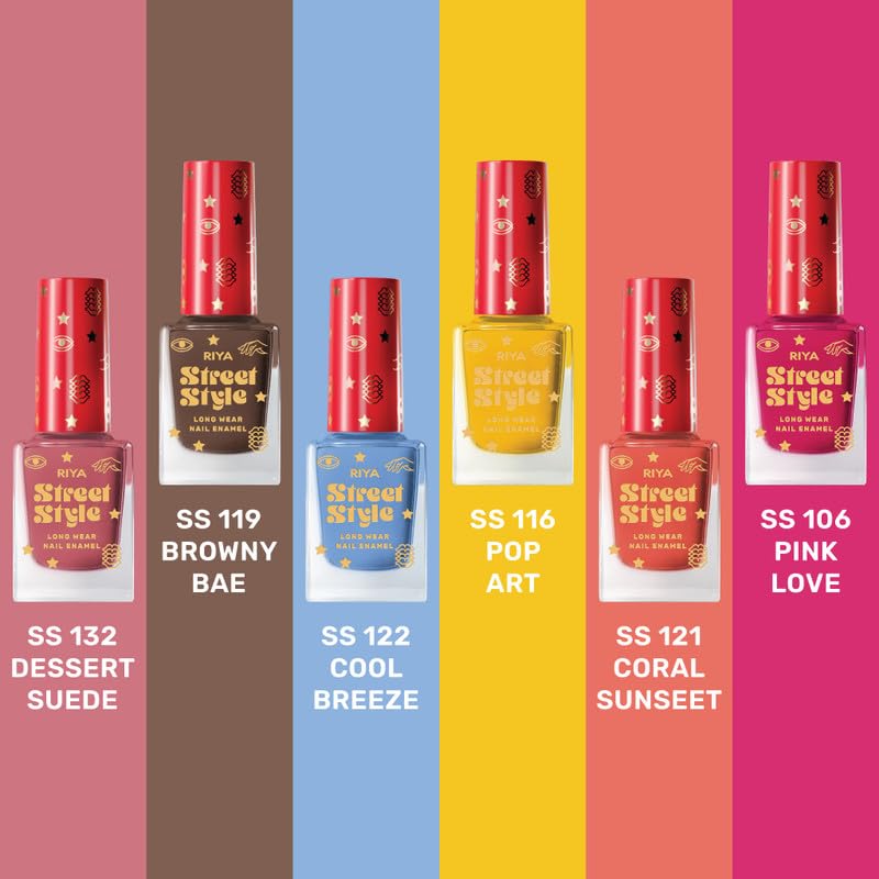 Street Style Long Wear, Quick Drying, Glossy Finish, 7-Free Formula, Nail Enamel, 100% Vegan &amp; Cruelty Free Combo Pack of 6