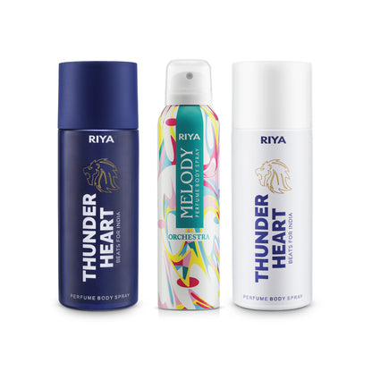 Thnuderheart Blue Melody Orchestra &amp; Thnuderheart White Pack of 3 Deodorants - Riya Lifestyle